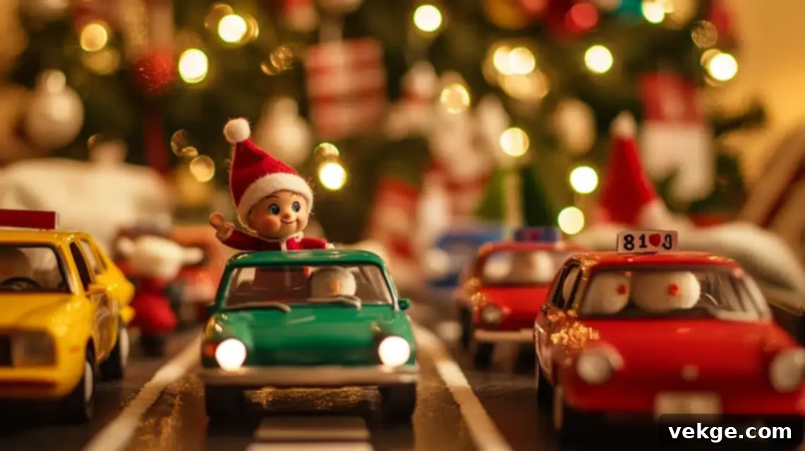 Elf on the Shelf leading a traffic jam of toy cars through holiday decorations.