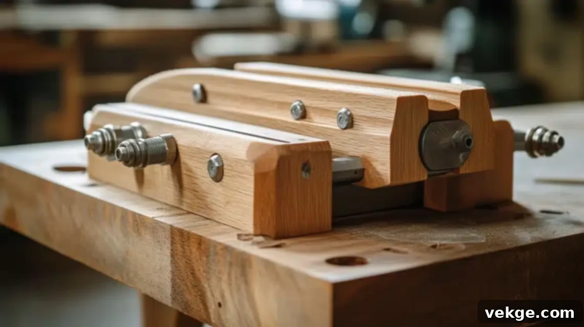Workbench vise, a strong holding tool to secure wood steady for working, typically $40-$200.
