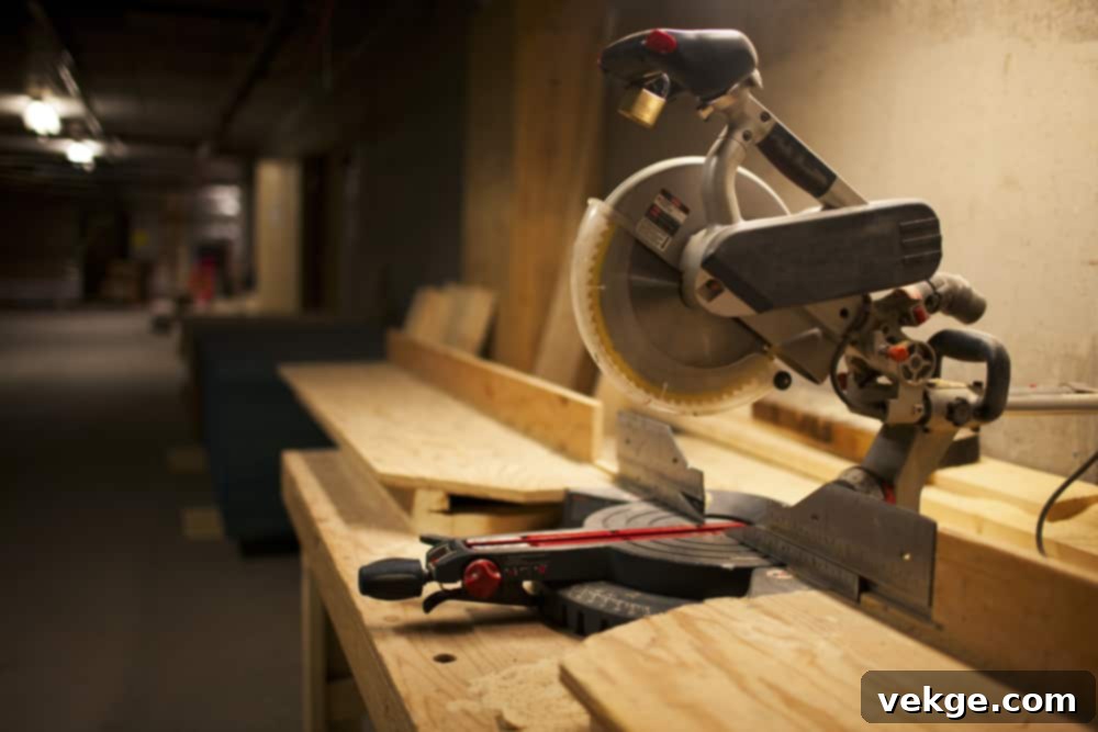 Miter saw, a fixed saw for precise angle and cross cuts in woodworking, ranging $150-$500.