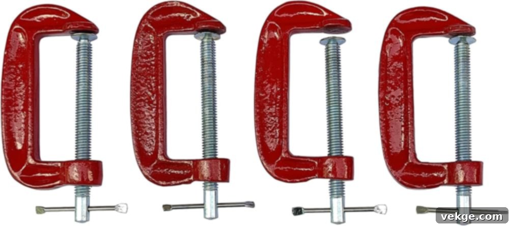 C-clamps, strong holders for securing wood during glue-ups and assembly, priced $8-$30.