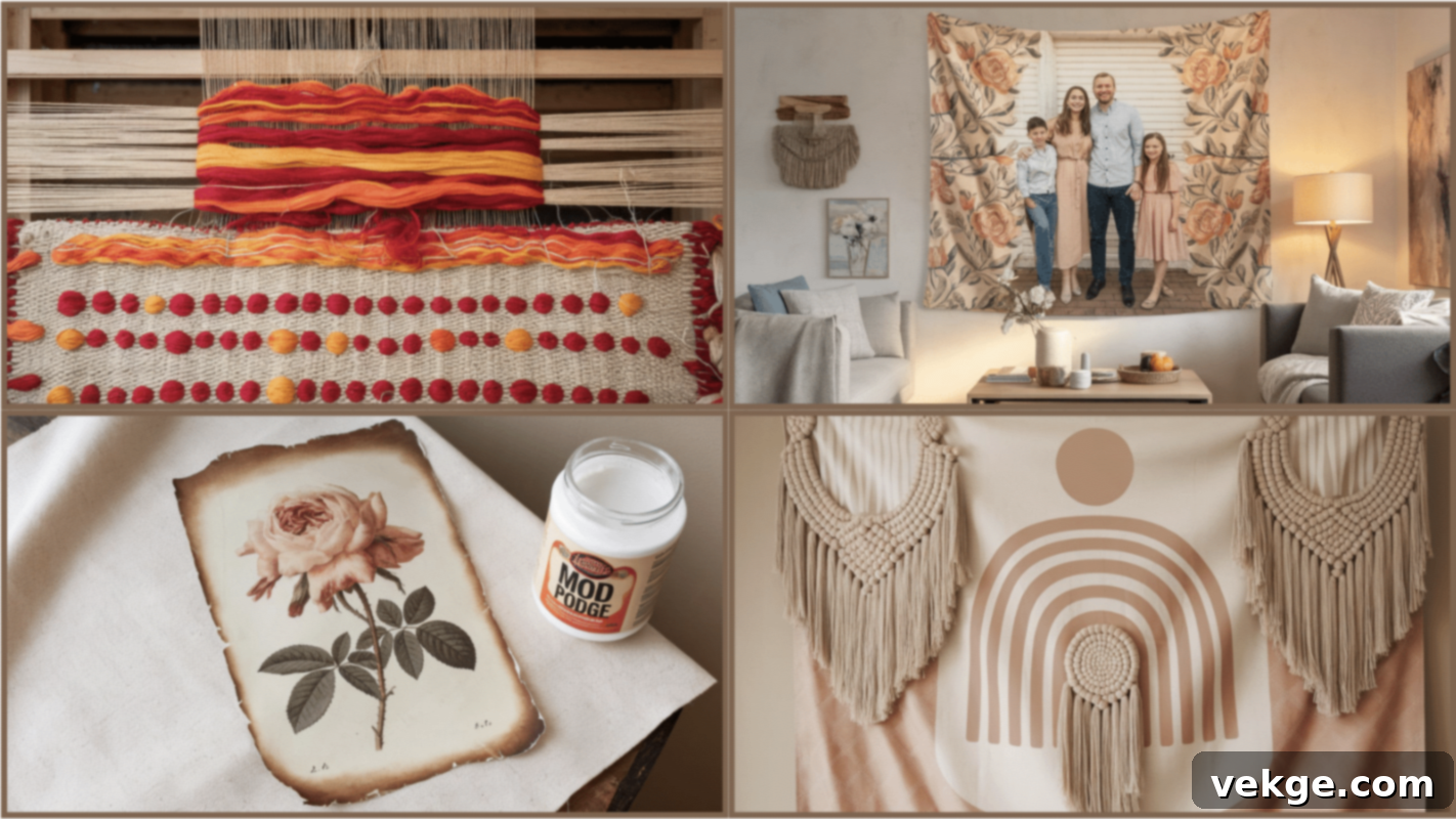 Different Methods of DIY Tapestry Creation showcasing various styles like woven, no-sew, and framed textile art