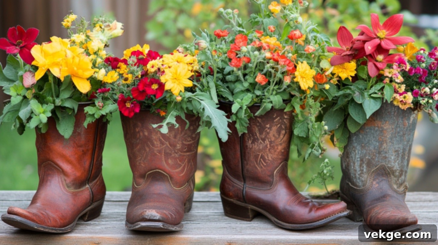 Western Boot Planters with Flowers