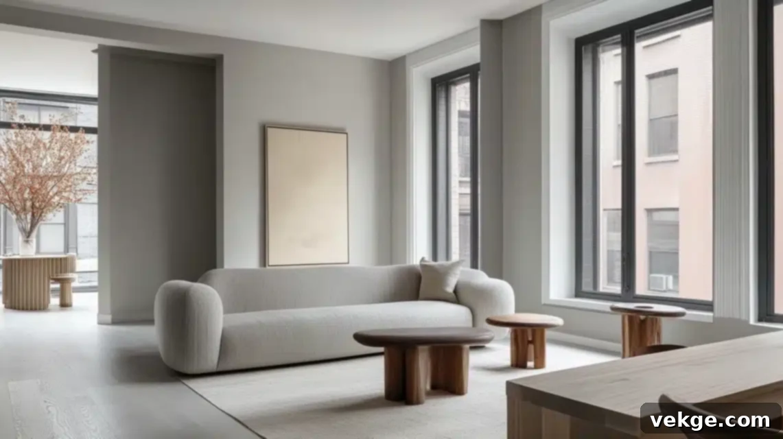Repose Gray Living Room with modern, cool-toned furniture and metallic accents