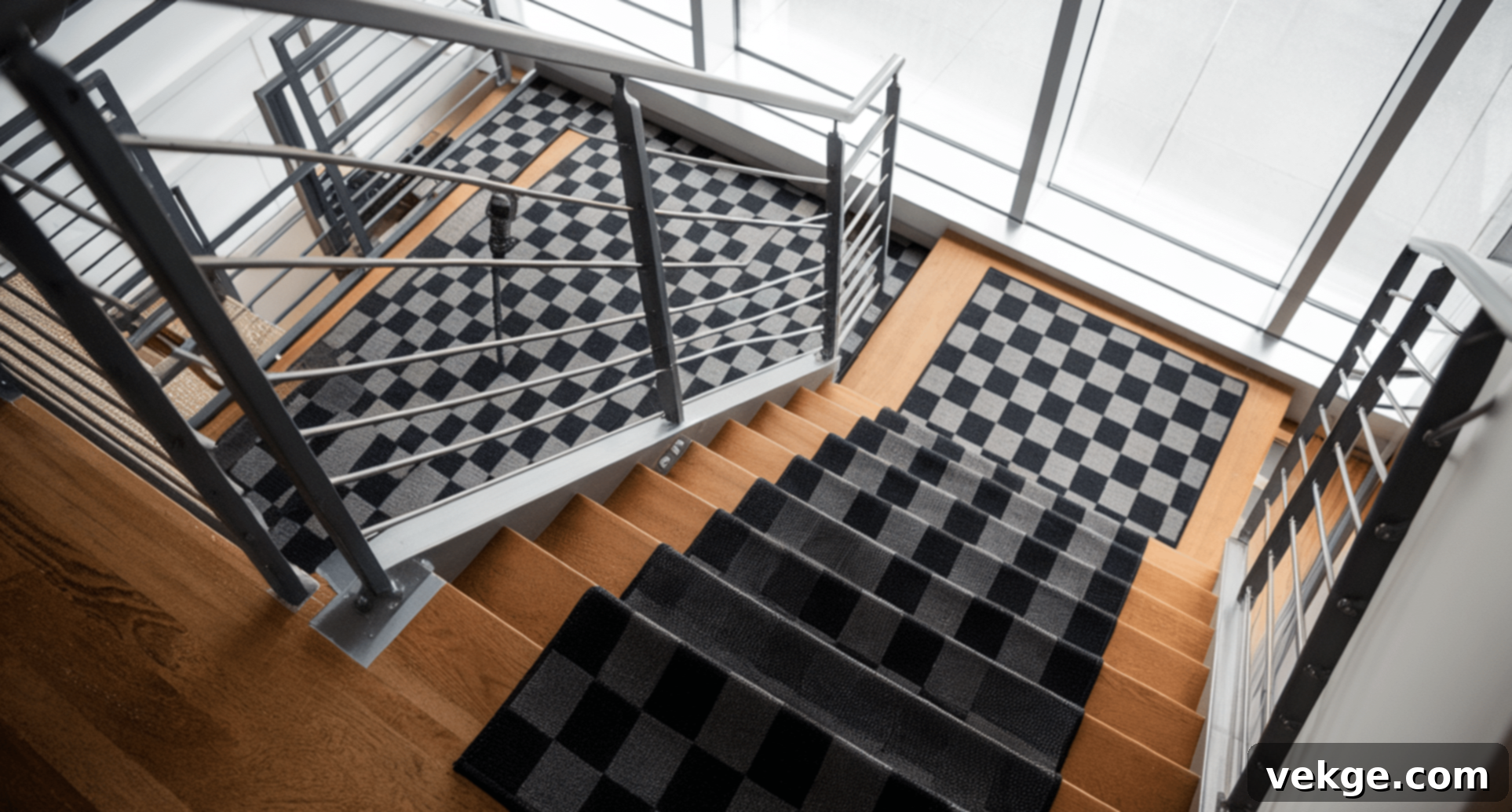 Checkered Rug as Bold Stair Runner