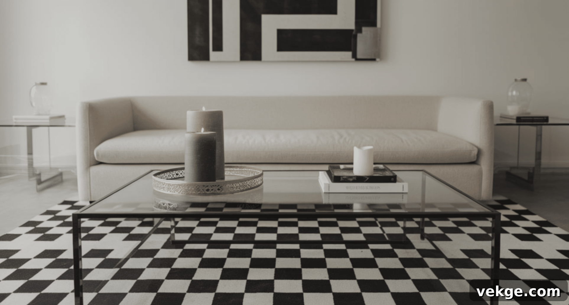 High-Contrast Checkered Rug Under Coffee Table