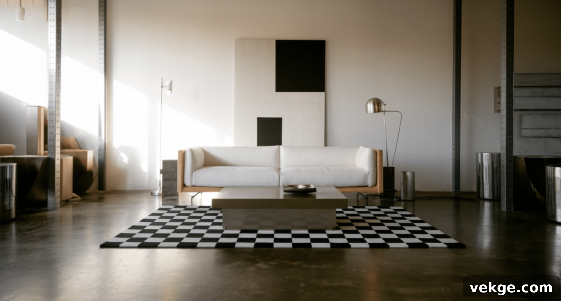 Modern Black and White Checkered Rug in Living Room