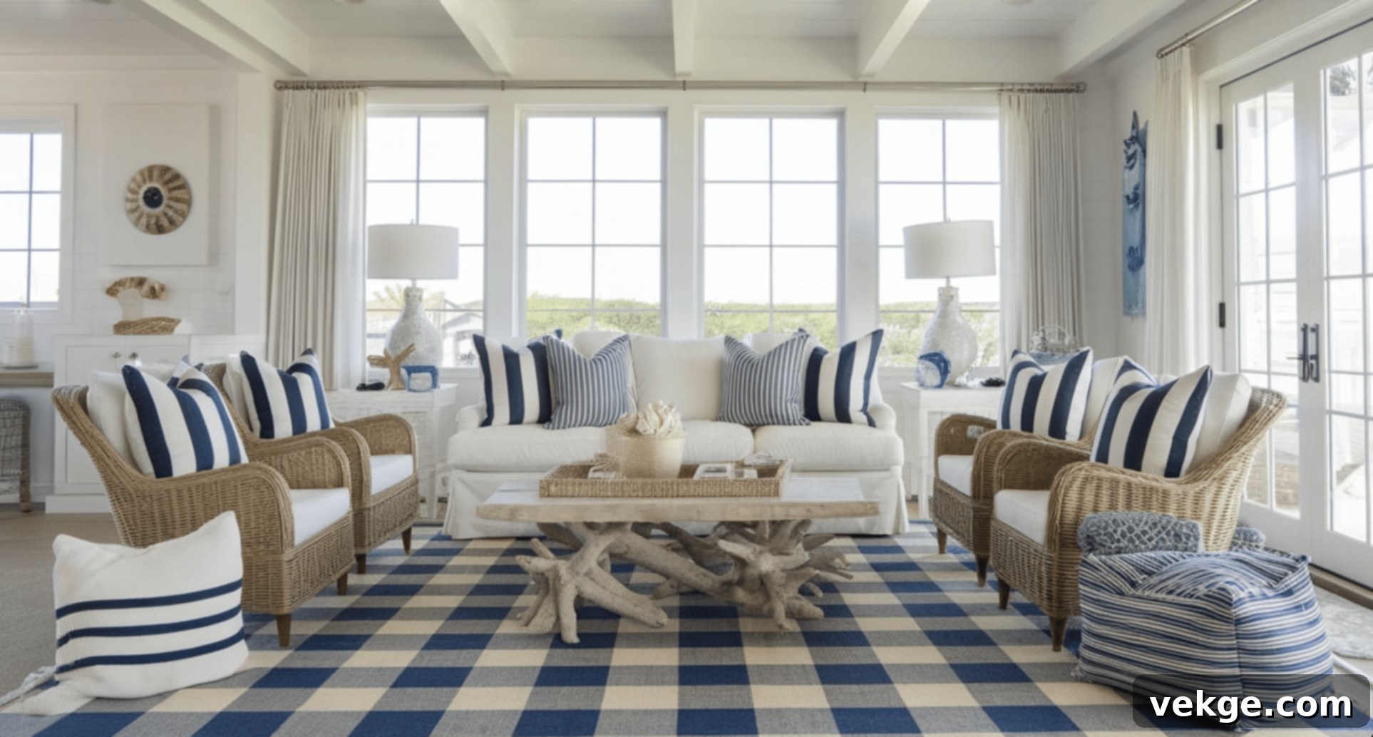 Blue and White Checkered Rug in Coastal Room