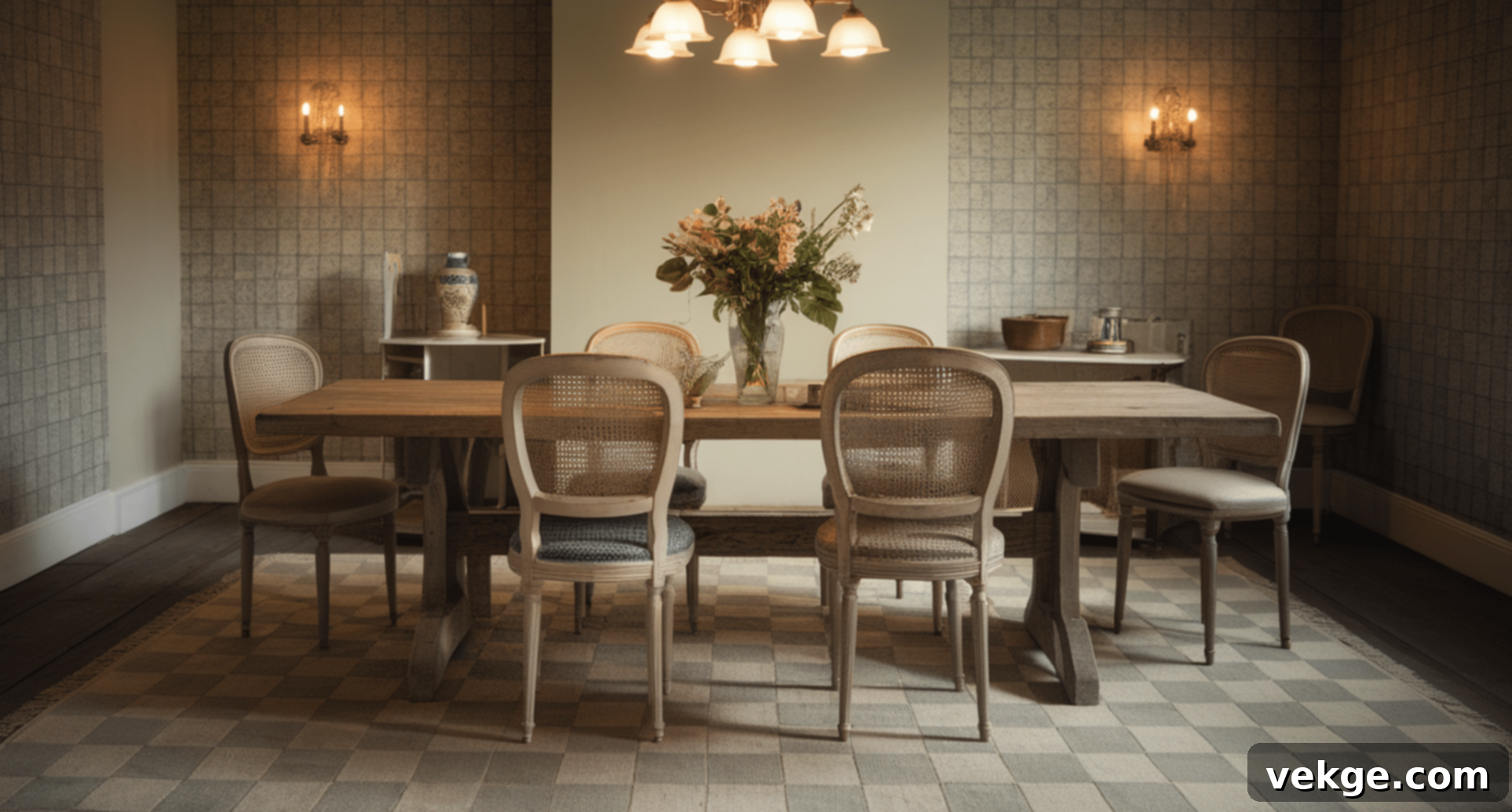 Vintage Checkered Rug in Dining Room
