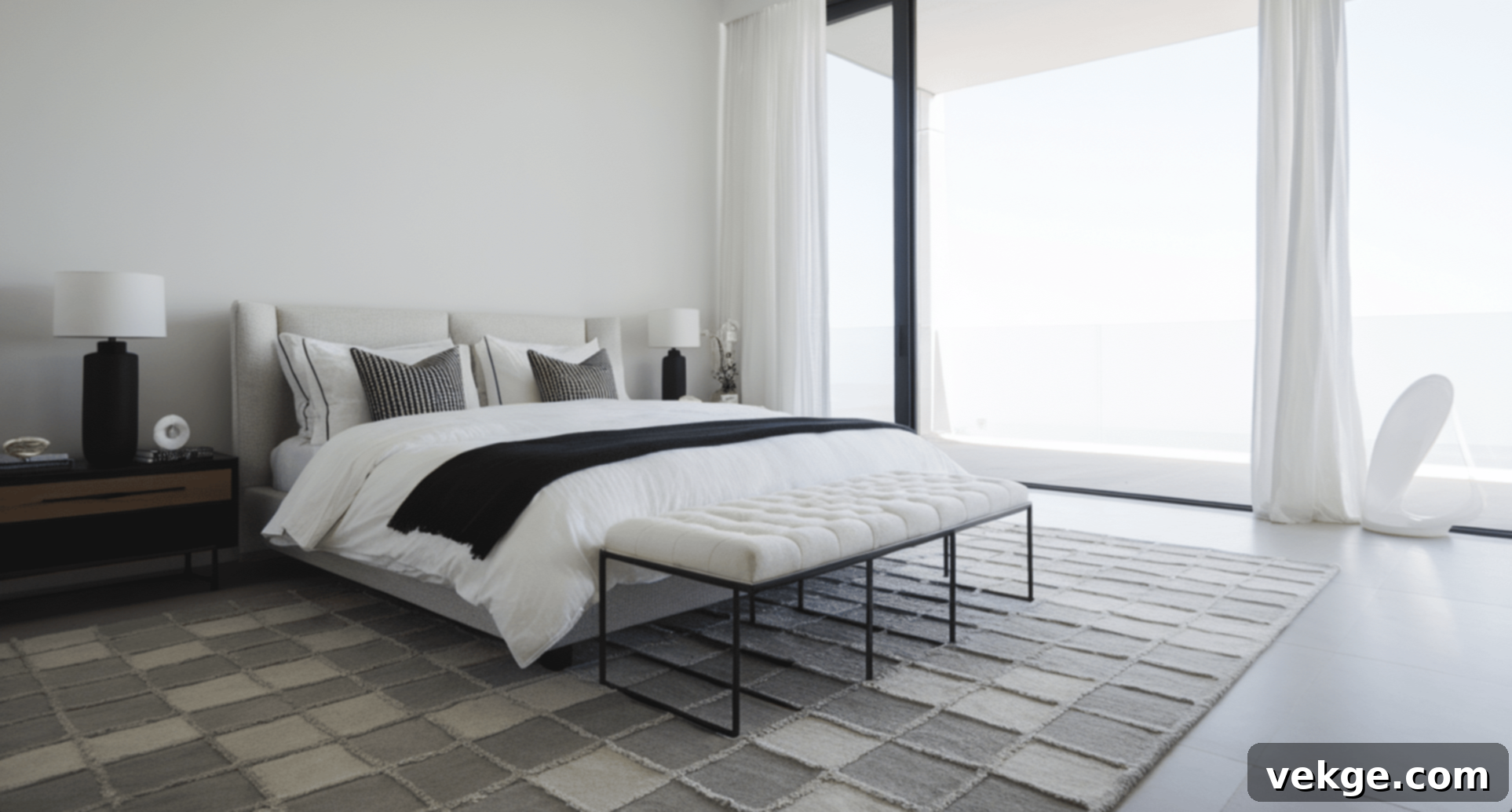 Monochromatic Checkered Rug in Bedroom