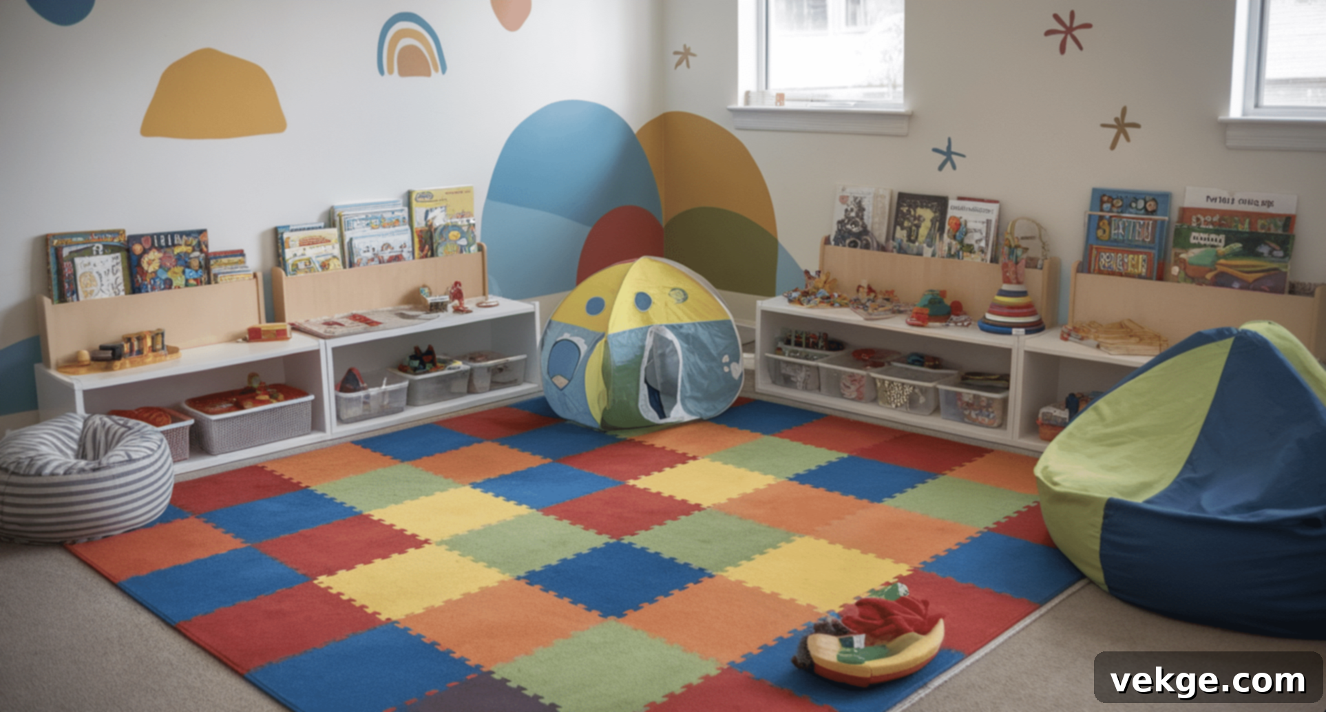 Colorful Checkered Rug in Kids Playroom