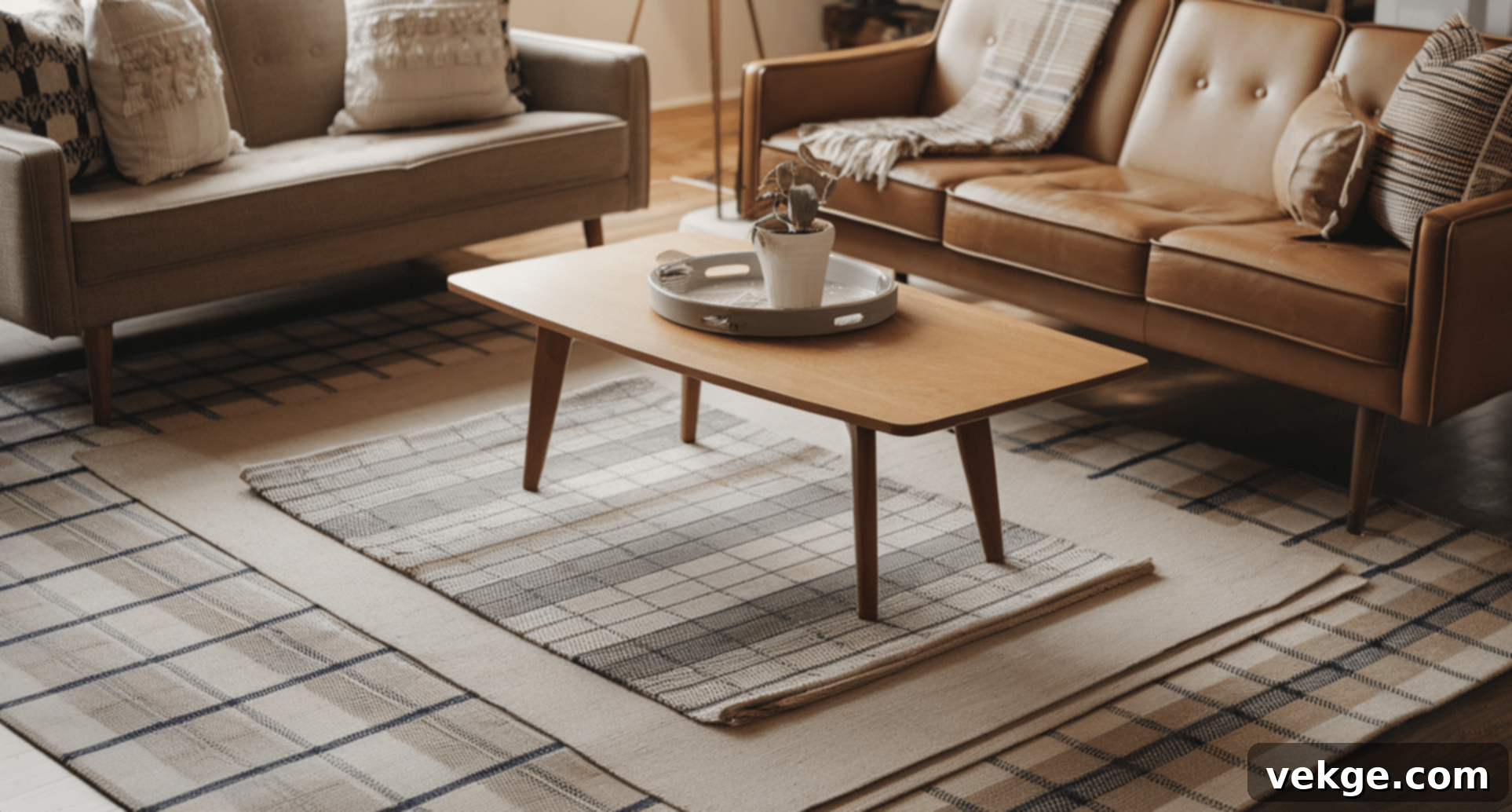 Layered Checkered Rug Over Solid Rug