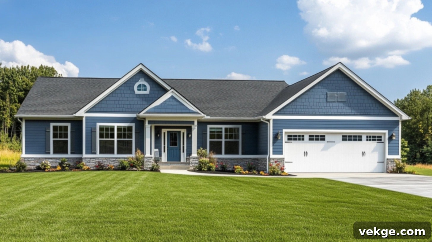 Slate Blue in Ranch-Style Architecture - A modern ranch home painted in slate blue with white trim and natural wood accents