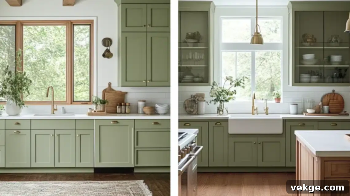 Sage green kitchen cabinets with white countertops