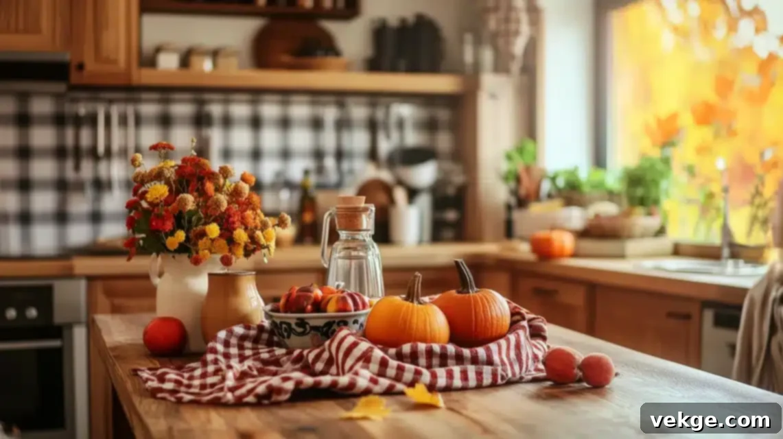Kitchen with fall-themed towels and centerpiece