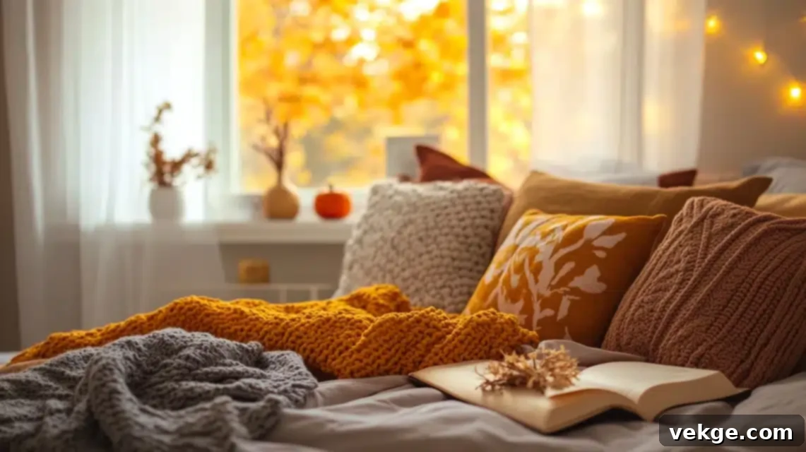 Bedroom with warm fall bedding and throws