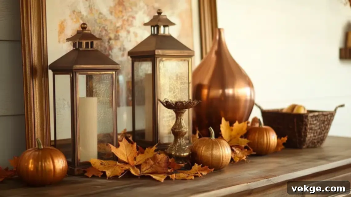Fall decor featuring mixed metal elements like lanterns and candlesticks