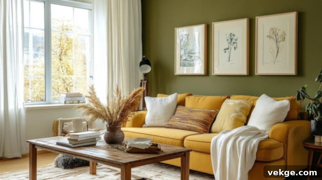 Sonra: Sherwin Williams Palm Leaf ile dönüştürülmüş oturma odası, sanat ve mobilyalar için sofistike bir arka plan sağlayarak rahatlığı artırıyor.