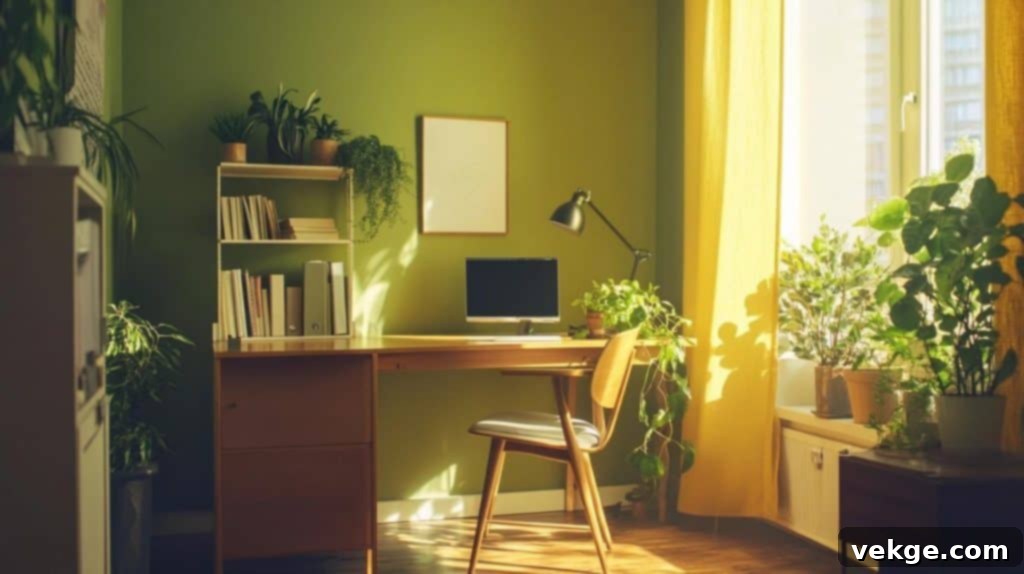 Sonra: Sherwin Williams Palm Leaf duvarlarına sahip ev ofisi, göz yorgunluğunu azaltıyor, profesyonel bir görüntülü arama arka planı sağlıyor ve üretkenliği artırıyor.