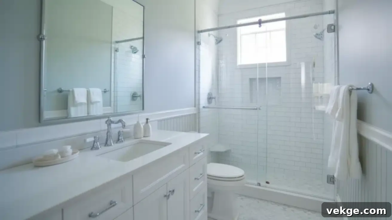 Benjamin Moore Gentle Gray in a small, bright bathroom for a spa-like feel