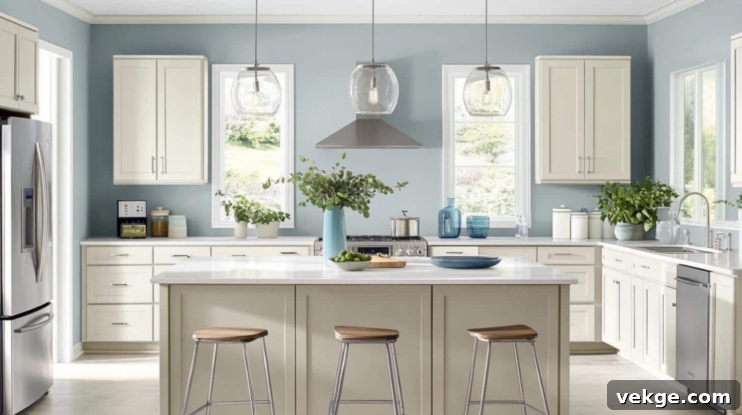 Benjamin Moore Gentle Gray in a bright kitchen with white cabinets
