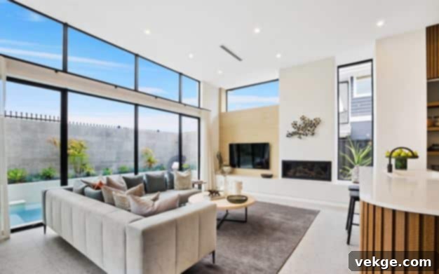 A modern, open-plan living space with adaptable furniture, showcasing a home designed for flexibility.