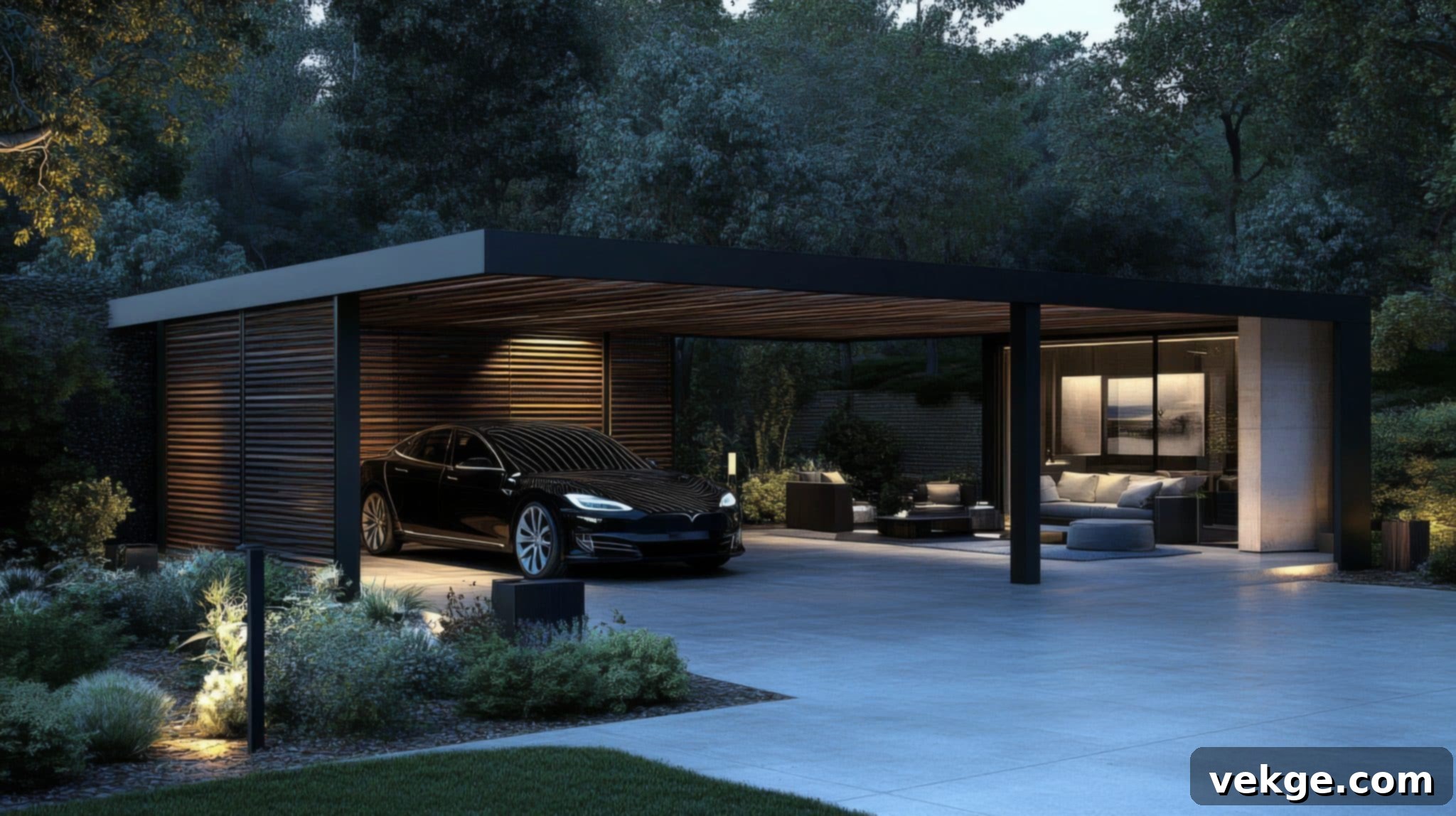 Modern carport night is made metal has sloping with Black