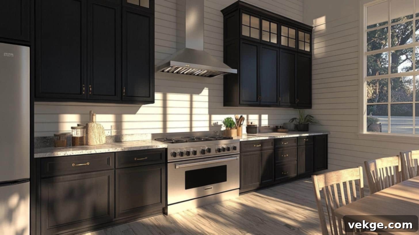 Transitional Kitchen with Black Cabinets and Vertical Shiplap Walls