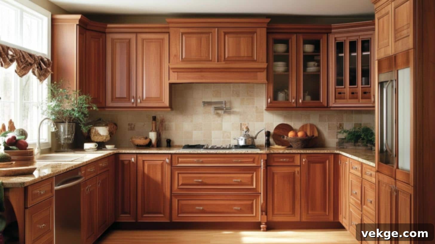 Cherry Kitchen Cabinets with Wood Countertop and Shiplap Kitchen Backsplash