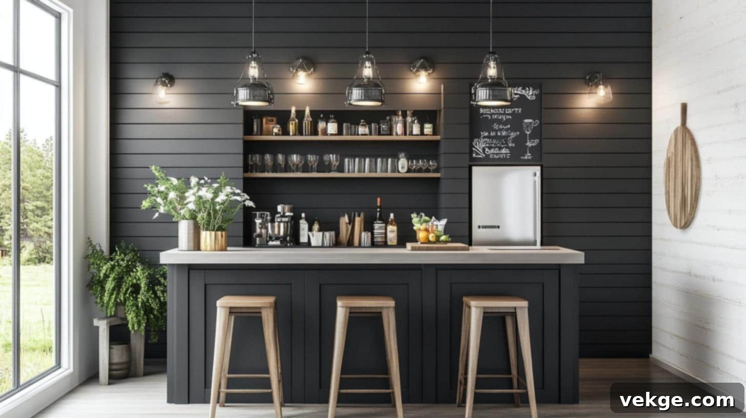Beach Style Home Bar with Black Shiplap Backsplash and Gray Countertops