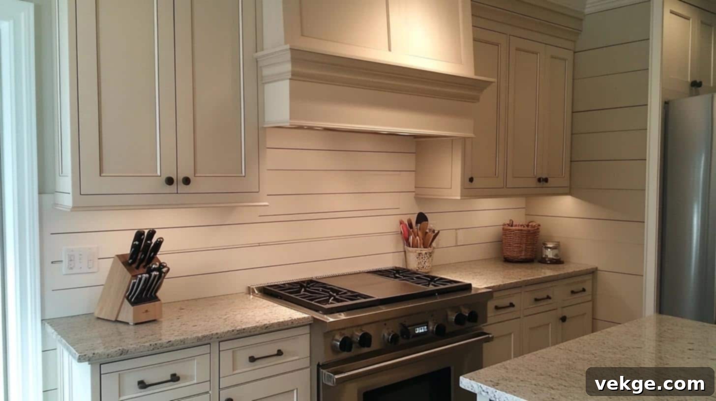 Shaker cabinets finished off with an off-white shiplap backsplash