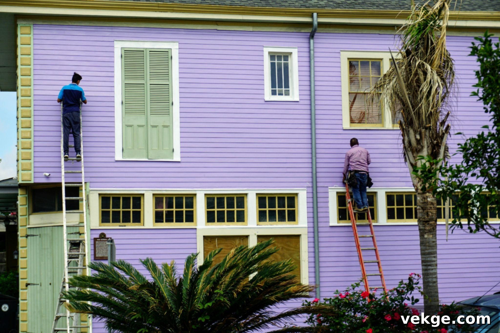 Cleaning gutters on a house