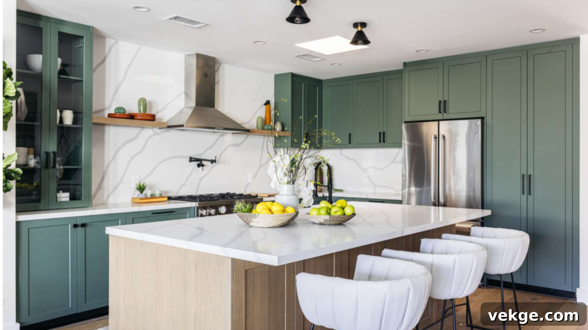A modern kitchen with an island layout, providing extra counter space and a social area