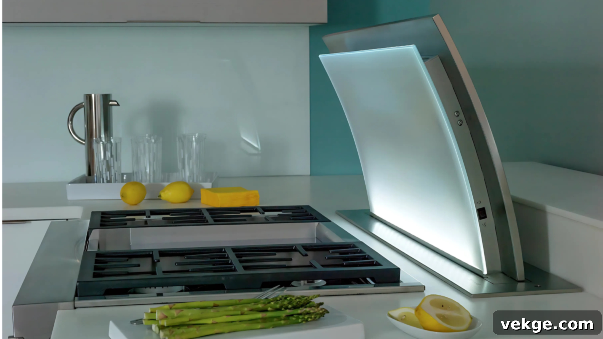 A spacious kitchen prep zone with a clean countertop, cutting board, knife set, and mixing bowls