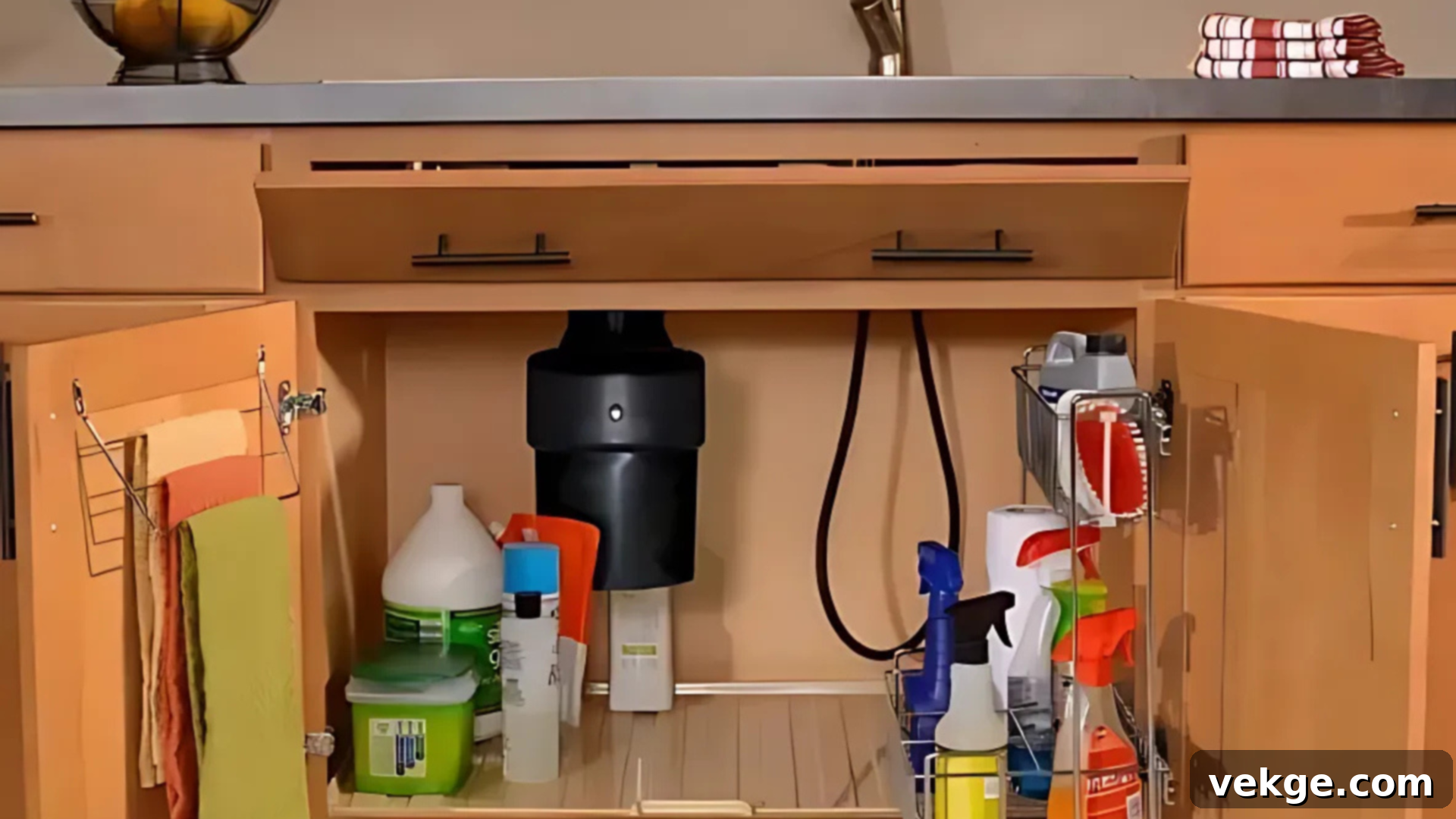 A kitchen cleaning zone with a double sink, dish soap, sponge, and a dishwasher
