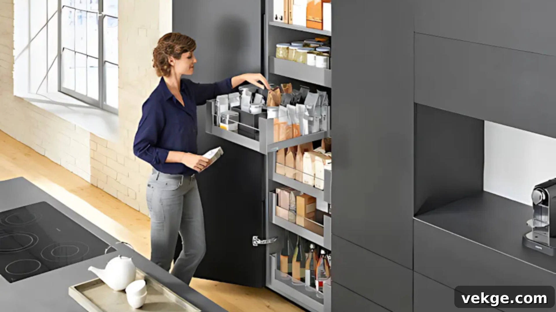 A kitchen consumables zone with a modern refrigerator, a well-stocked pantry, and food containers