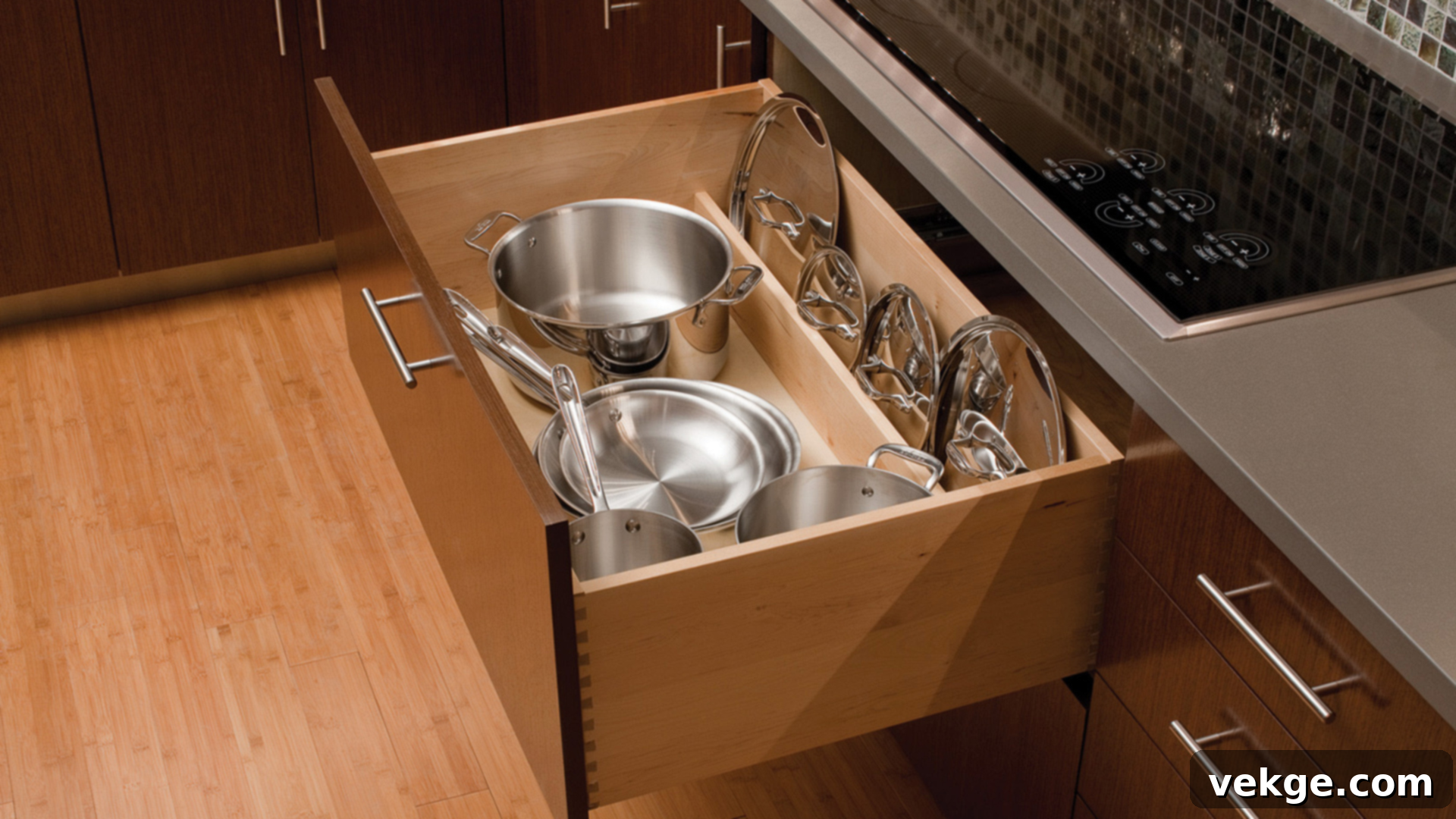 A non-consumables zone showing neatly stacked plates, glasses, and silverware in kitchen cabinets