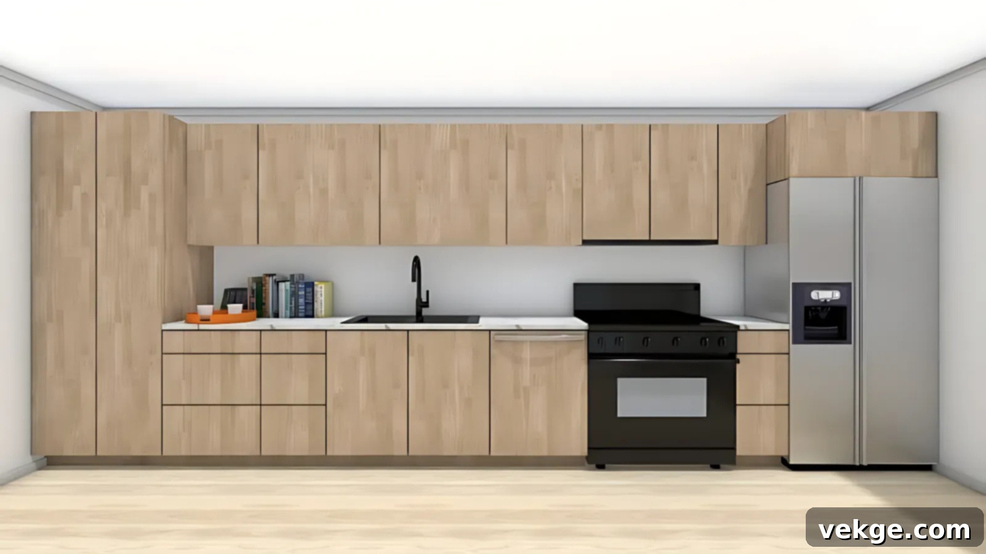 A single-wall kitchen layout featuring all appliances and cabinets aligned on one wall