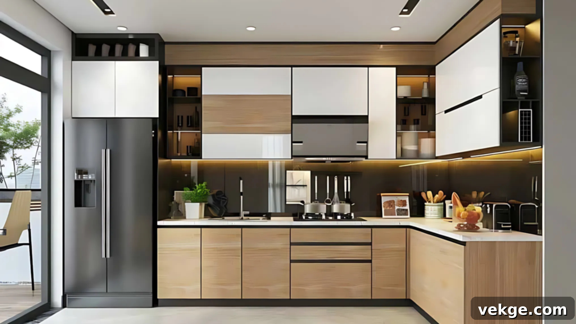 An L-shaped kitchen layout with two walls forming an L, featuring an open concept