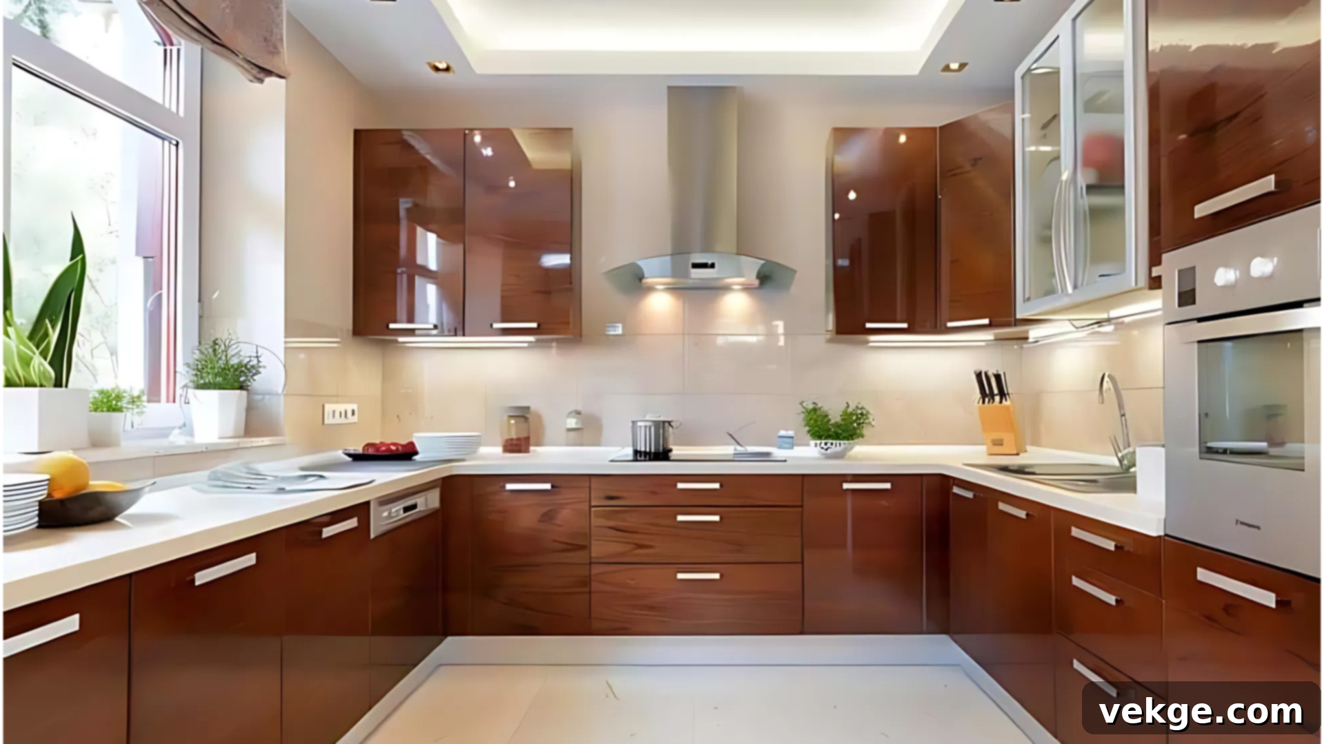 A U-shaped kitchen layout with cabinets and appliances on three walls, creating a highly functional space