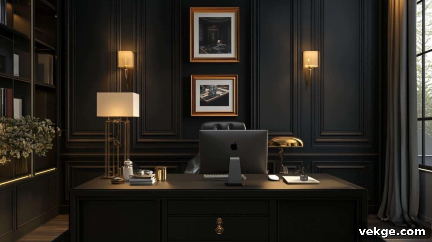 Matte Black Walls with Gold Accents for a Luxurious Office