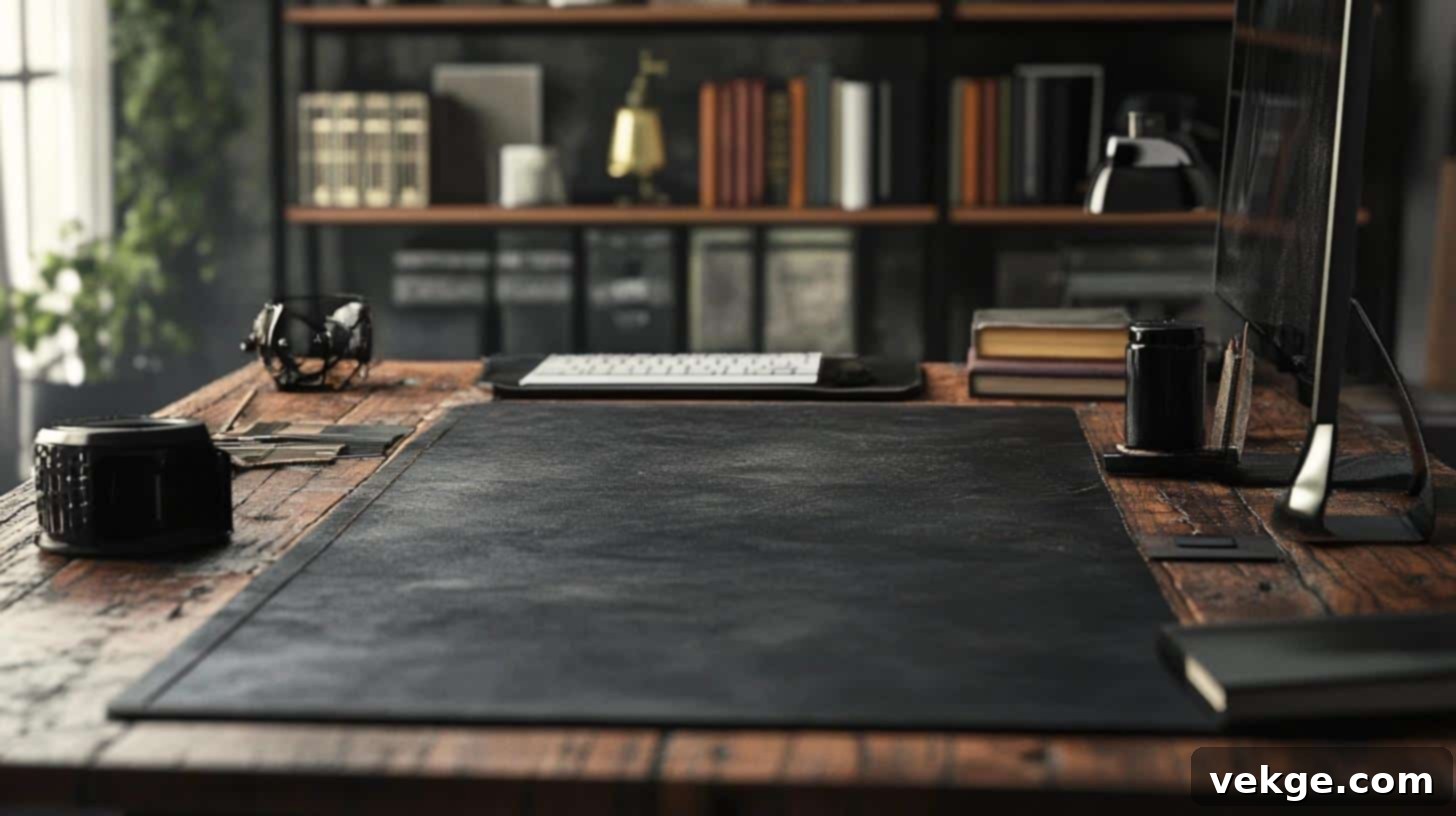 Rustic Wooden Desk with Distressed Black Leather Mat