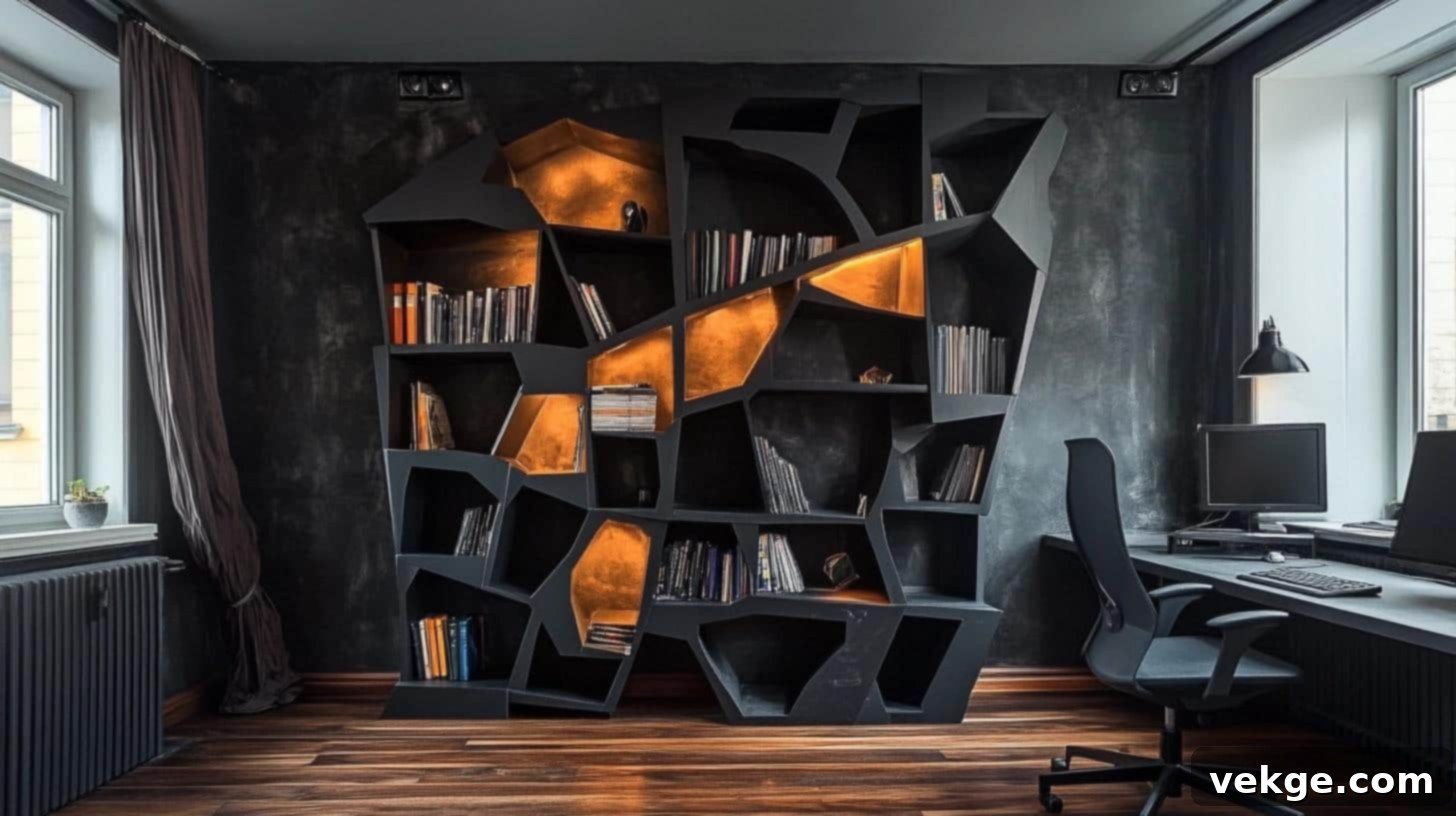 Modern Office with Sculptural Black Shelving and Copper Accents