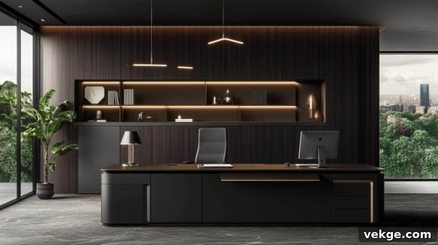 Modern Office with Low-Slung Black Cabinetry and LED Lighting