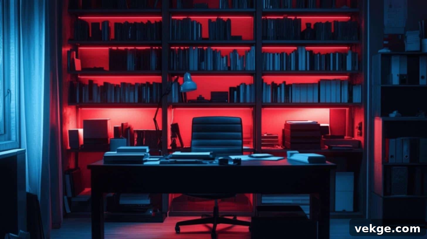 Dramatic Office with Ambient Red LED Backlighting