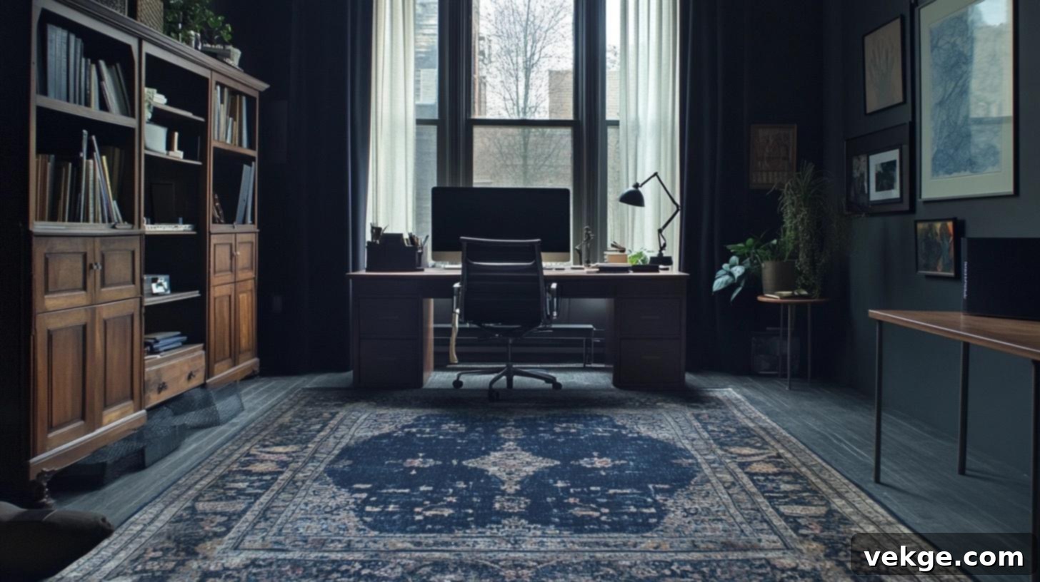 Home Office with Worn-in Dark Persian Rug