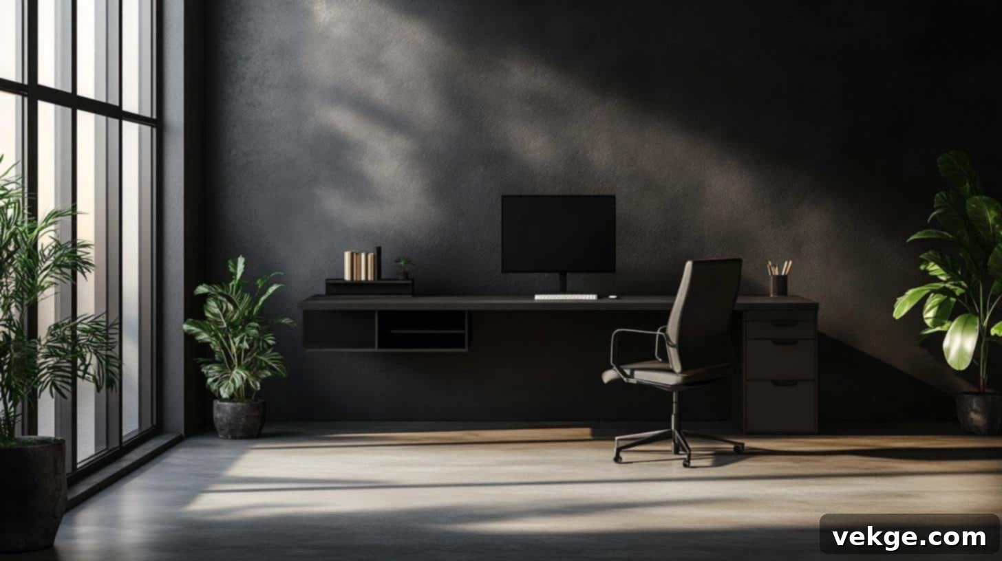 Minimalist Office with Matte Black Floating Desk and Hidden Storage