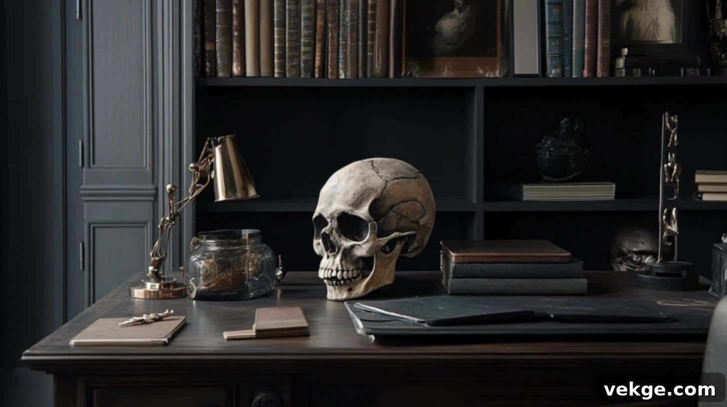 Gothic-Inspired Desk with Decorative Skull and Fossil Accents
