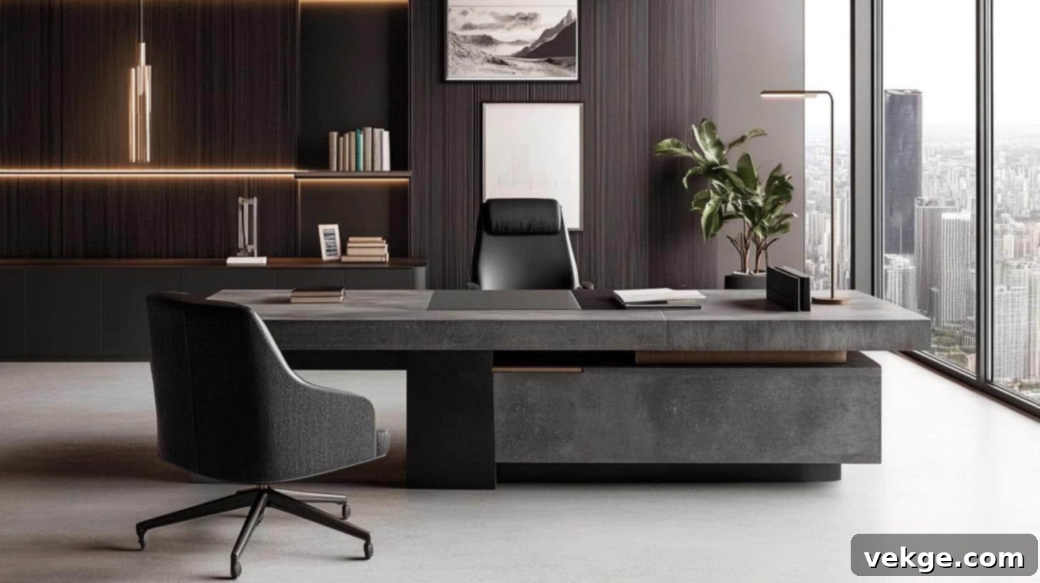Industrial-Style Concrete Desk for a Modern Dark Office