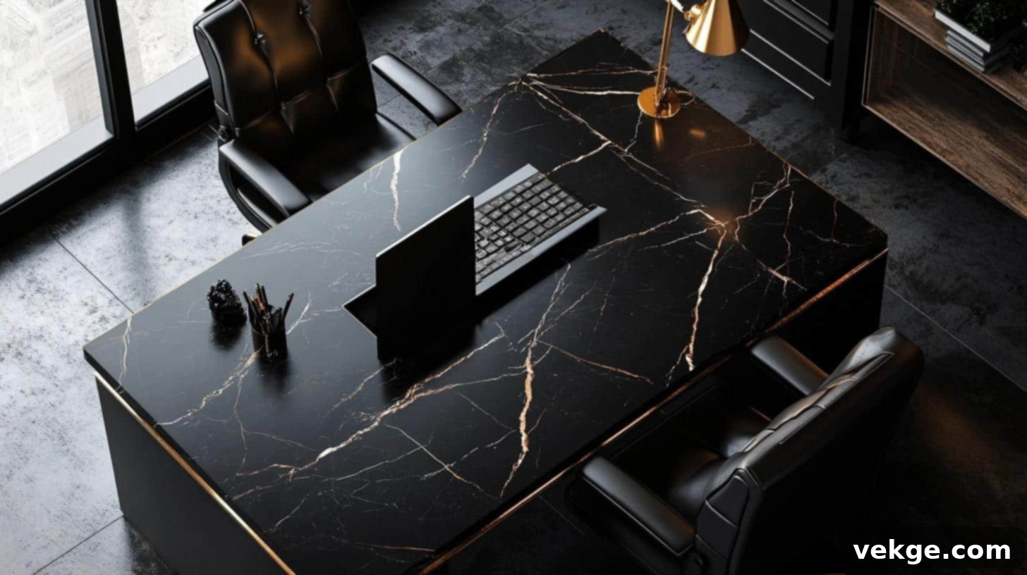 Luxury Office with Black Marble Desk and Gold Veins