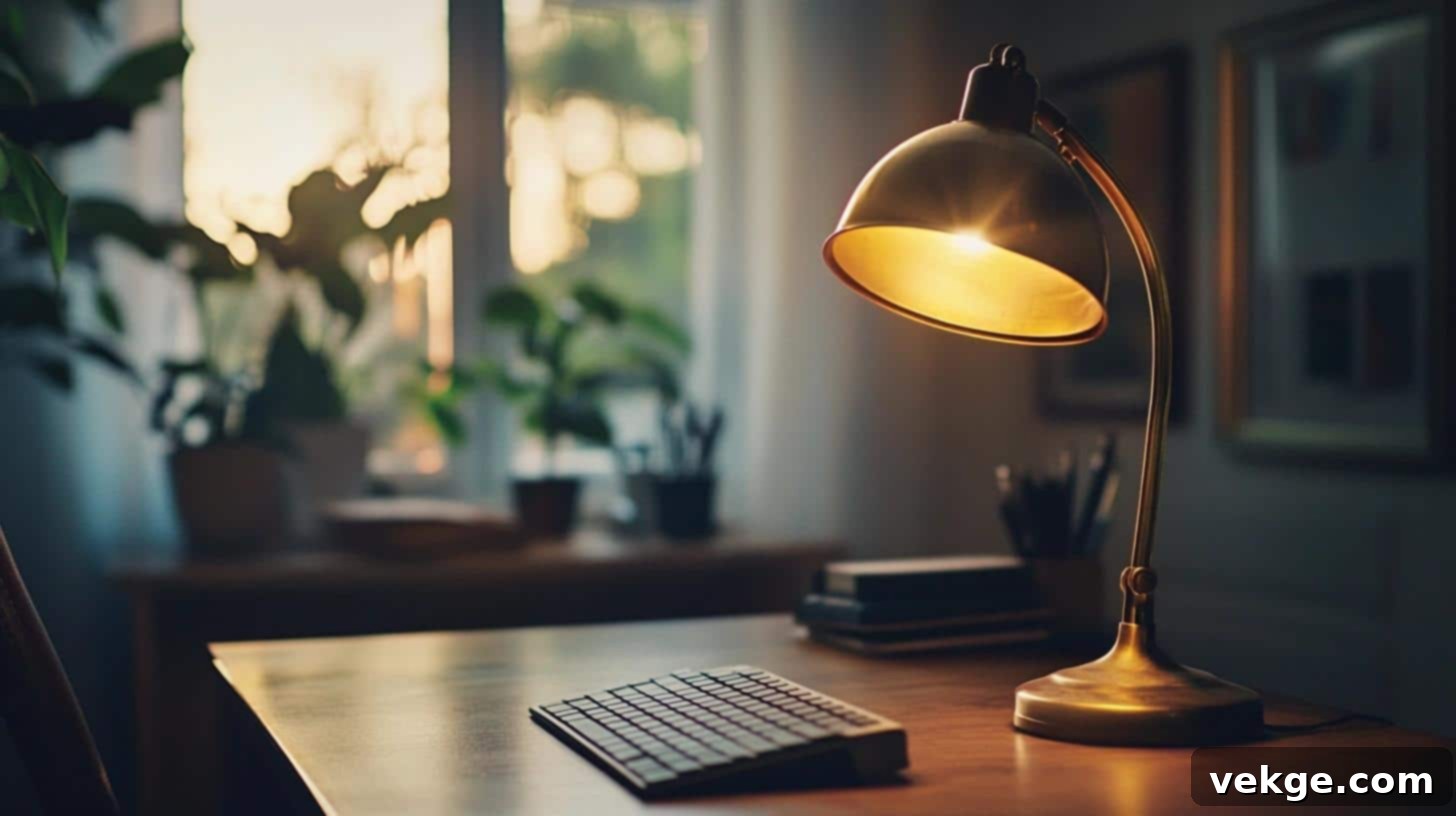 Vintage Brass Lamp with Dark Shade on a Wooden Desk